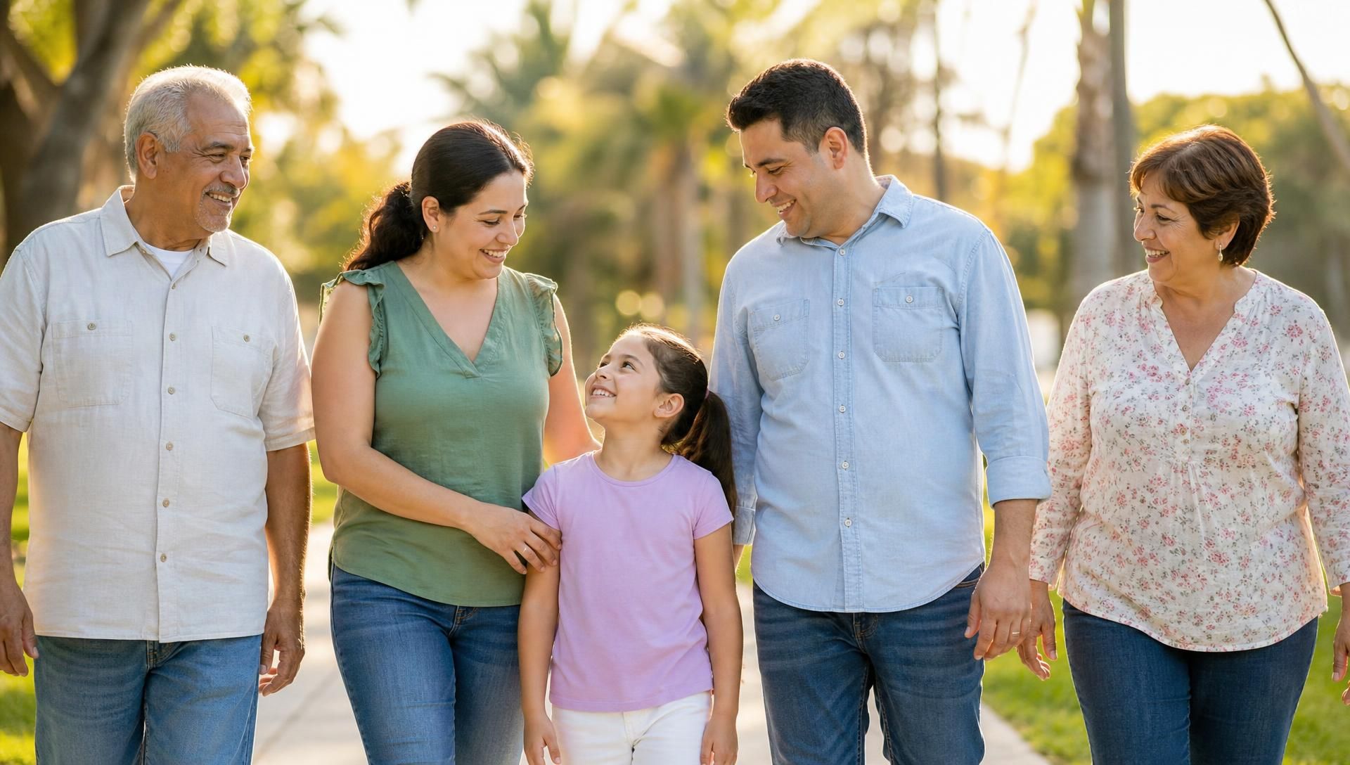 A multigenerational Hispanic family — grandmother, parents and two children — walking and laughing together on a sunny park path lined with palm trees