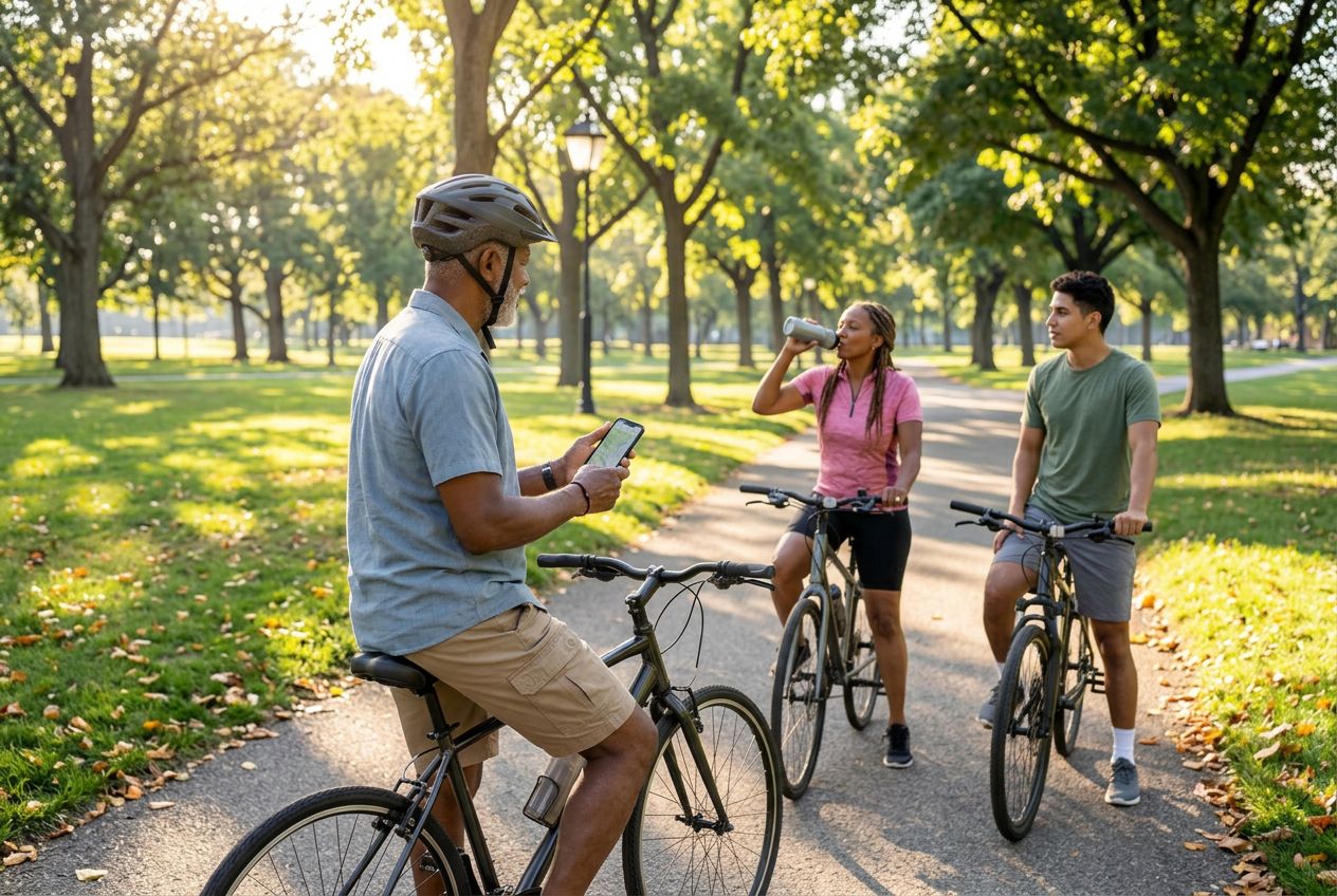 Black man in his late 50s standing astride his bicycle on a sunlit park trail, checking directions on his phone while two fellow cyclists pause nearby
