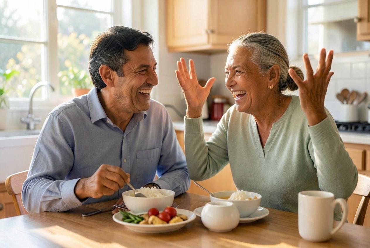 Hispanic couple in their late 50s laughing together over breakfast at a sunny kitchen table