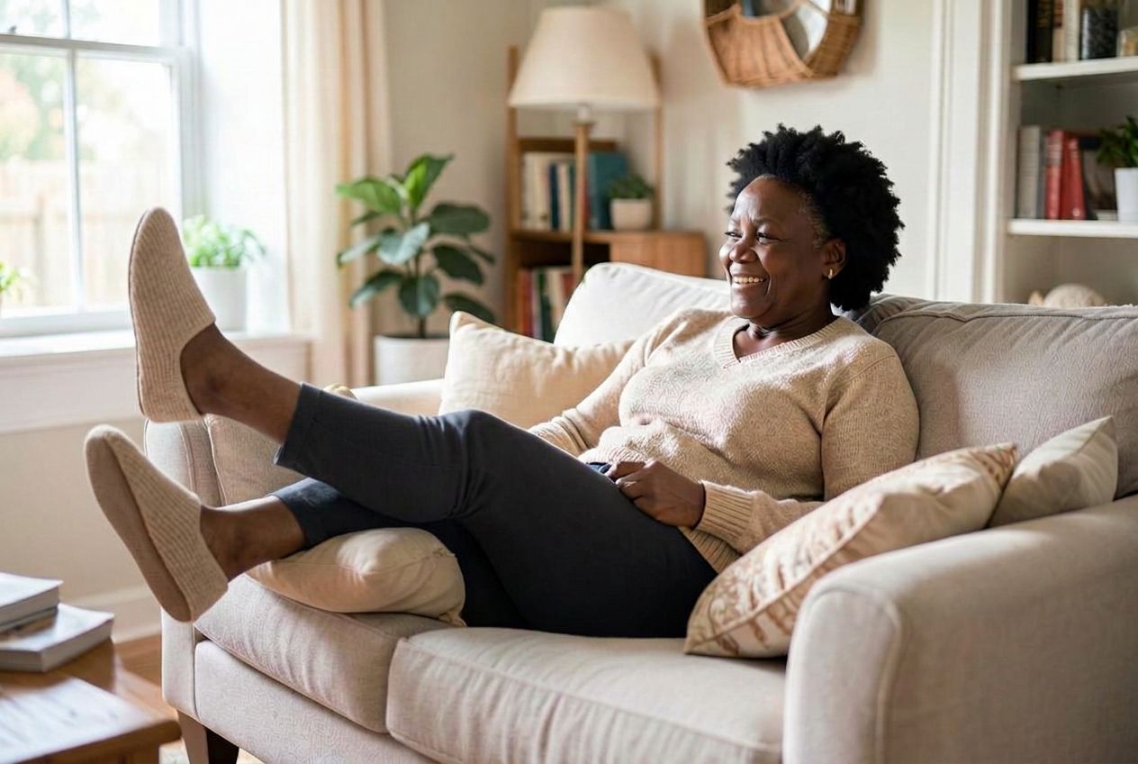 Black woman in her 50s resting at home on a sofa with her legs elevated on cushions