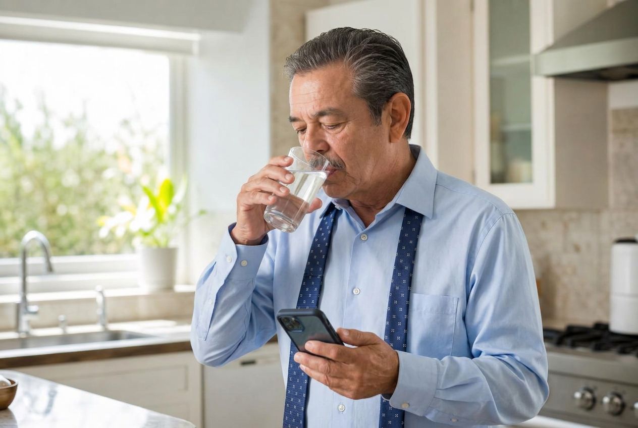Hispanic man in his early 60s in a dress shirt with an untied tie, checking his phone while drinking a glass of water in a bright kitchen