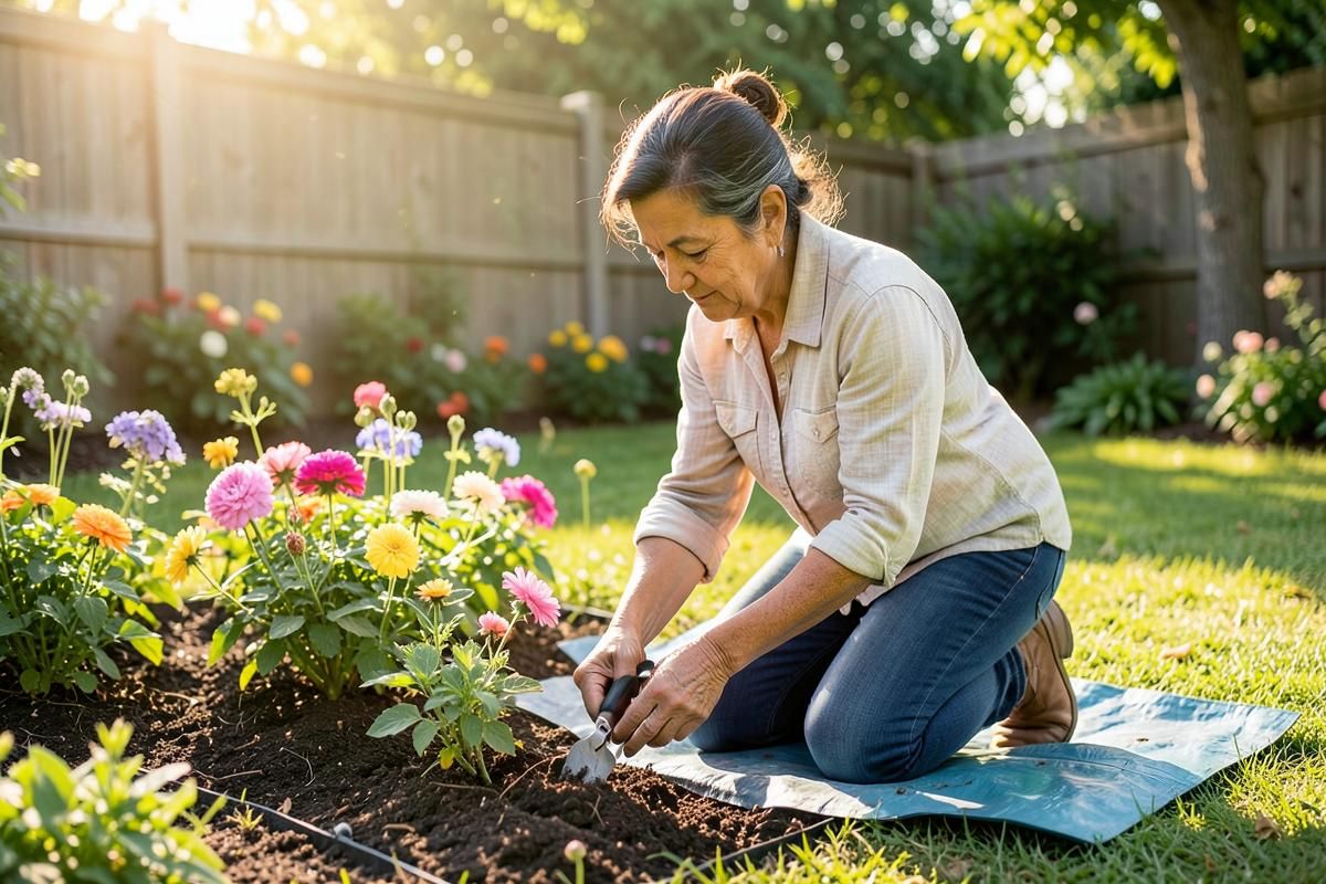 Hispanic woman in her late 50s kneeling on a garden pad while planting in her sunny backyard