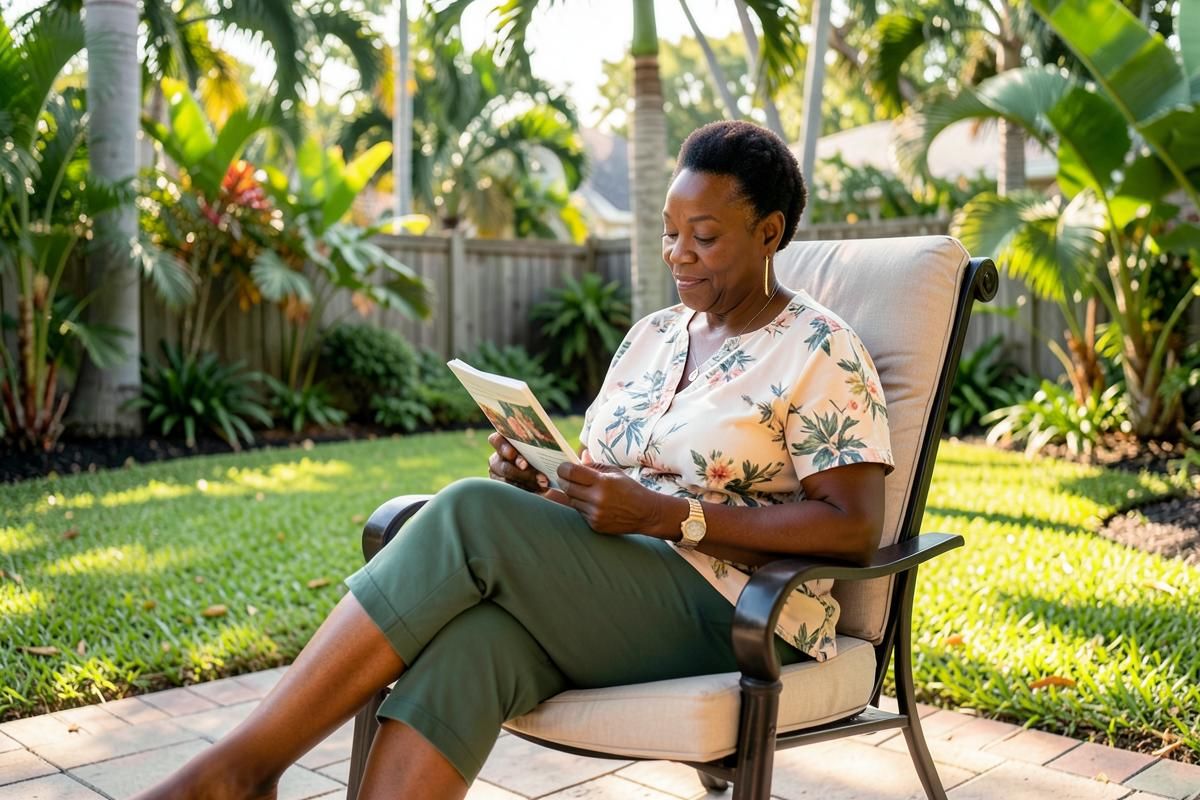 Black woman in her 50s relaxing outdoors on a patio chair with her legs stretched out