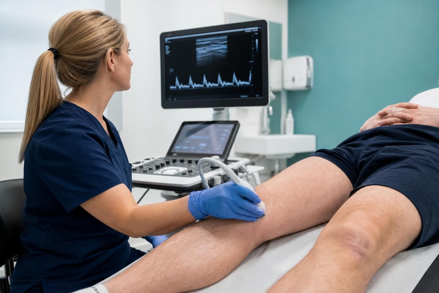 Vascular sonographer performing a Doppler ultrasound scan of a patient's leg beside diagnostic ultrasound equipment