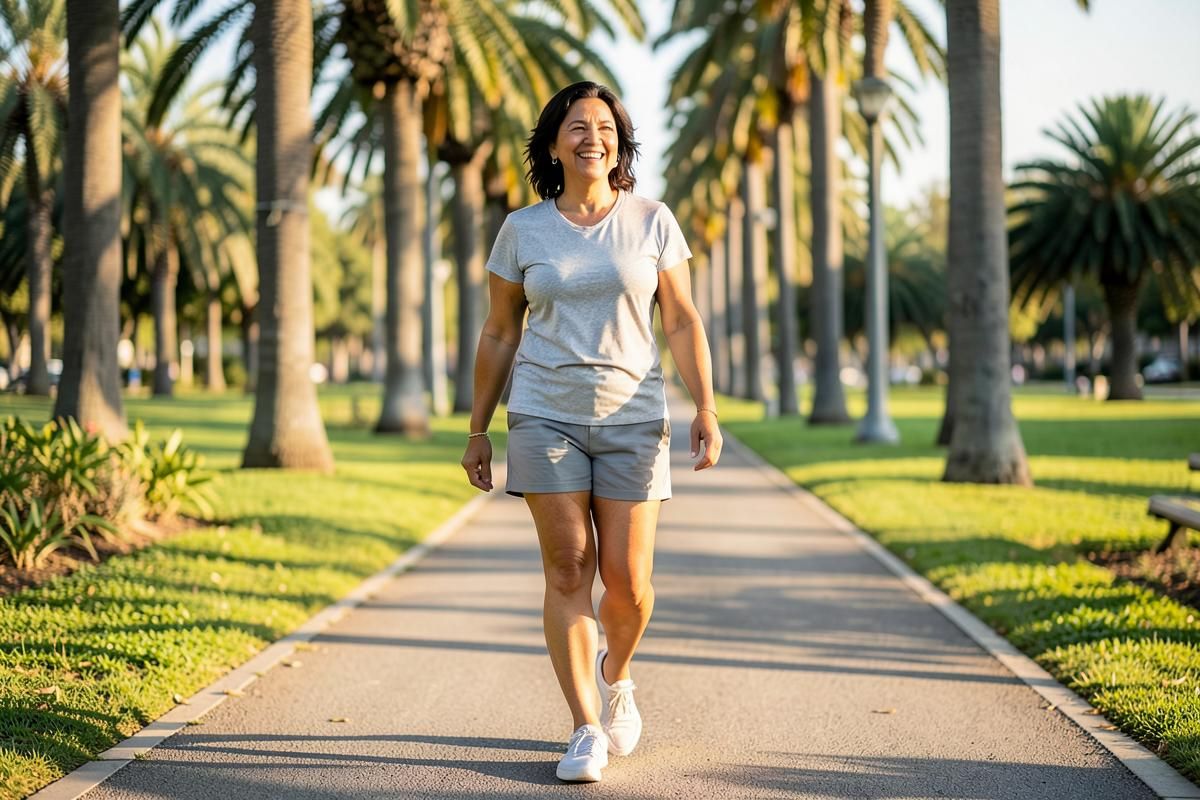 Smiling Hispanic woman in her 50s walking along a sunny palm-lined park path