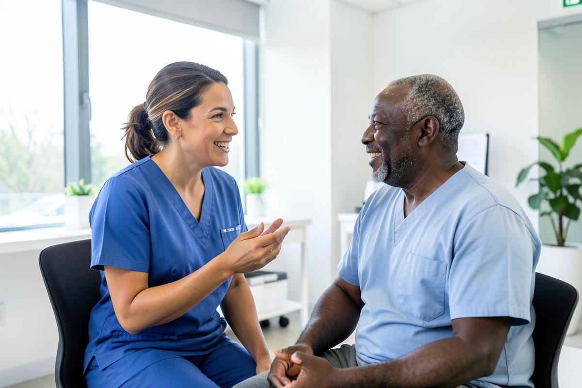 Nurse in scrubs speaking warmly with a Black man in his 50s in a bright clinic room